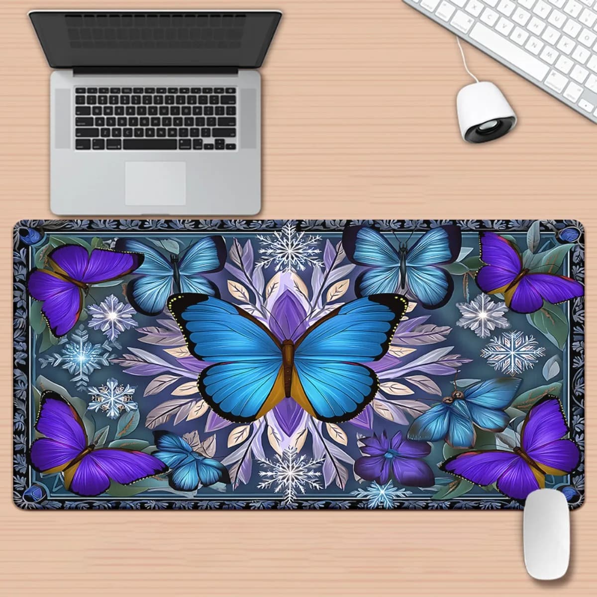 1pc XXL Large Gaming Office Mouse Pad Non-Slip Rubber Base Iridescent Butterfly Snowflake Pattern Multicolor Desk Mat for PC Com