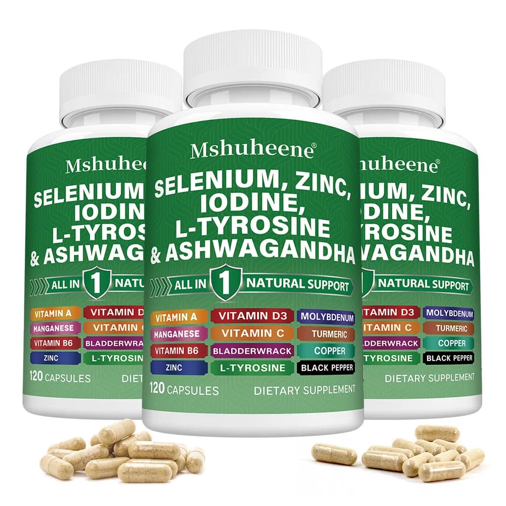 Integratore per il supporto della tiroide, vitamine A, C, D, zinco, selenio, Ashwagandha, per un metabolismo sano, energia, concentrazione e equilibrio dell'umore
