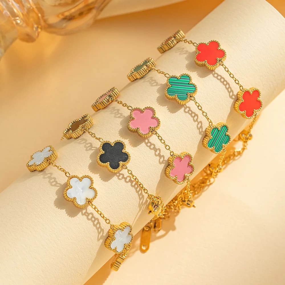 Bracciale in Acciaio Inossidabile a Doppia Faccia con Cinque Petali a Forma di Fiore, Placcato Oro, Gioiello di Moda per Donne