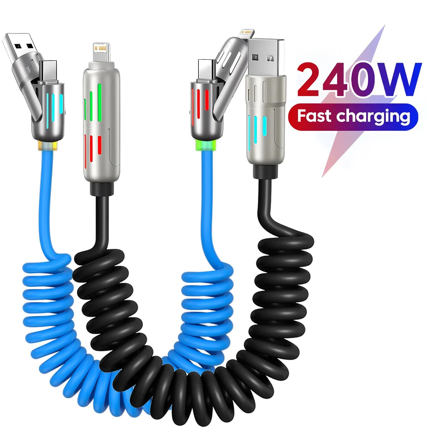 Cavo USB-C a USB-C a ricarica rapida da 240W, a molla, telescopico, per auto, caricabatterie e cavo dati per iPhone 17 16 Samsung Xiaomi