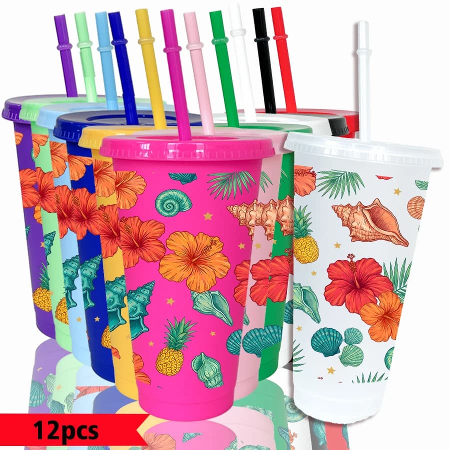 Confezione da 12 Bicchieri in Plastica Colorata da 26oz con Motivo a Fiori e Ananas per Feste, Regalo di Ritorno a Scuola e Compleanno