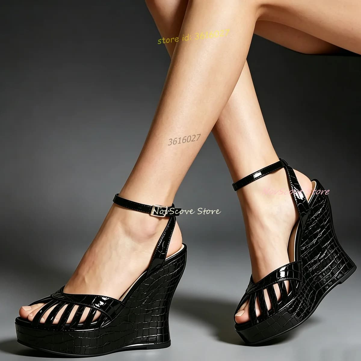 Black Crocodile Print Leather Wedges Sandals Platform Open Toe Cage Shape Cutouts Upper Patent Leather Summer Party Shoes Women