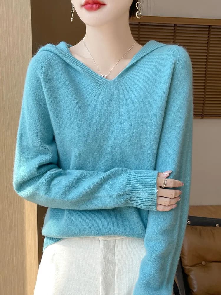 Autumn and Winter Casual Hoodie Women's Sweater 100% Merino Wool 7-Needle Thick Knitted Women's Fashion pulloverTop