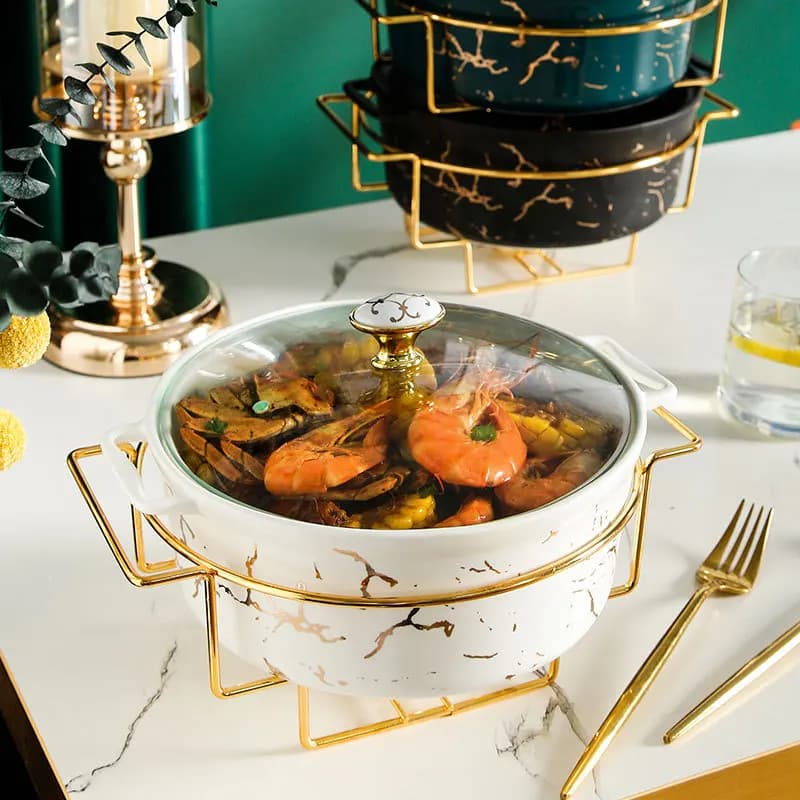 Gold Imitation Marble Ceramic Plate, Candle Heating Pot, Soup Pot, Bowl, Restaurant Meat, Family Dishes, Kitchen, Tableware