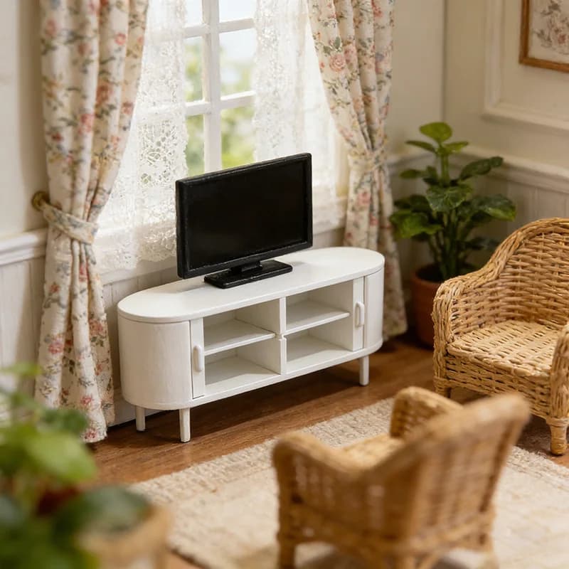 Mobile TV in Scala 1:12 per Casa delle Bambole, Console Multimediale Moderna Bianca, Gambe Smontabili, Arredamento in Miniatura per Diorama Soggiorno
