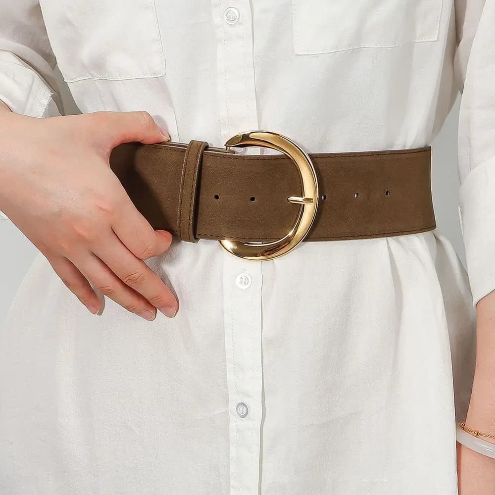 Cintura larga da donna in pelle scamosciata alla moda con rivetti per jeans Cintura in pelle con fibbia in metallo Cintura da cowboy occidentale per ragazza