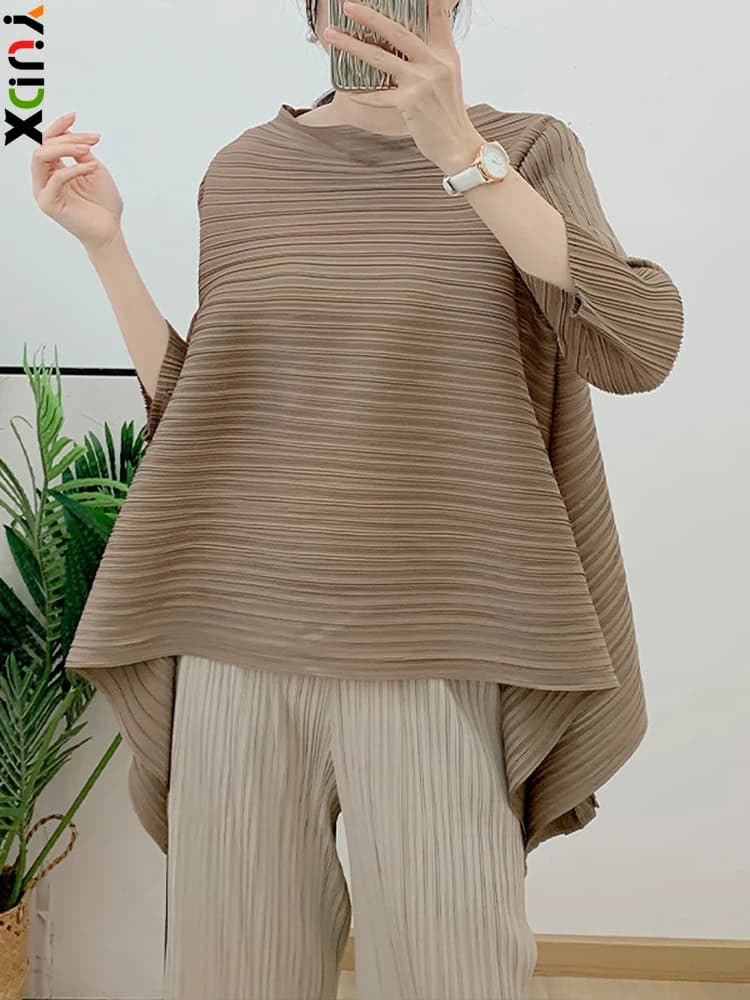 YUDX folded shirt for woman 2024 new spring or-neck three-quarter sleeve shirt Casual loose solid color elegant woman