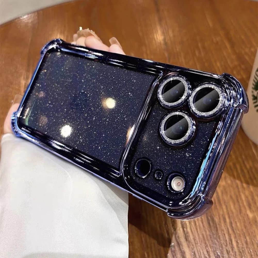 Custodia Trasparente Glitterata a Quattro Angoli per iPhone Air 17 16 15 14 13 12 11 Pro Max Plus, Cover Morbida Antiurto con Placcatura Trasparente