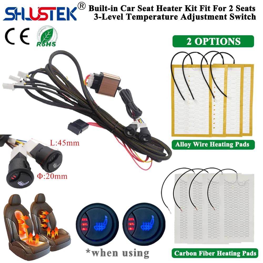 Universal integrated 12V car seat heater kit suitable for 2 seats with 4 heating pads MAX 108W dual control switch system and 3 levels