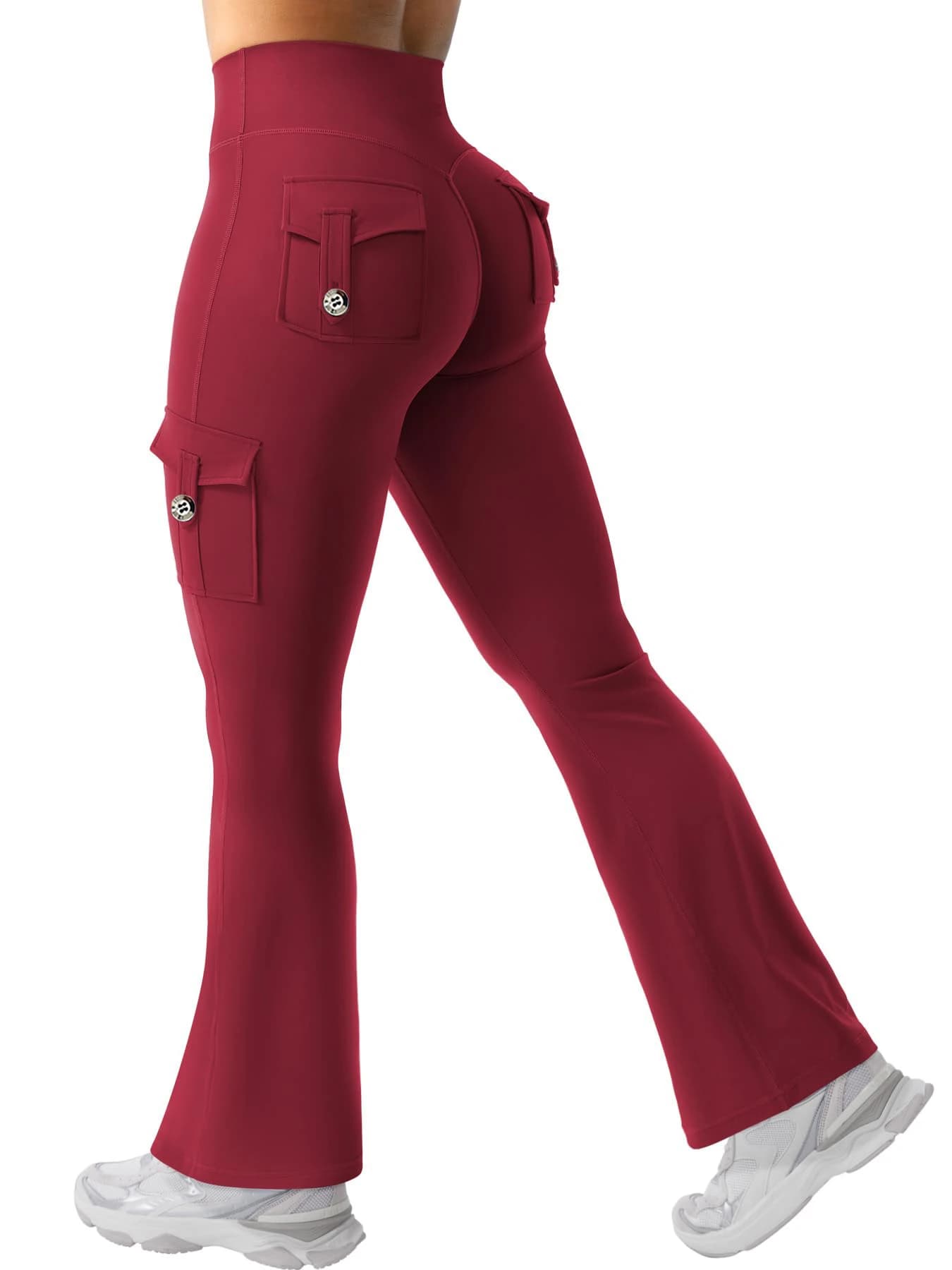 Pantaloni fitness da donna essenziali: pantaloni da allenamento svasati a vita alta con tasche, pantaloni fitness modellanti e contenitivi della pancia.