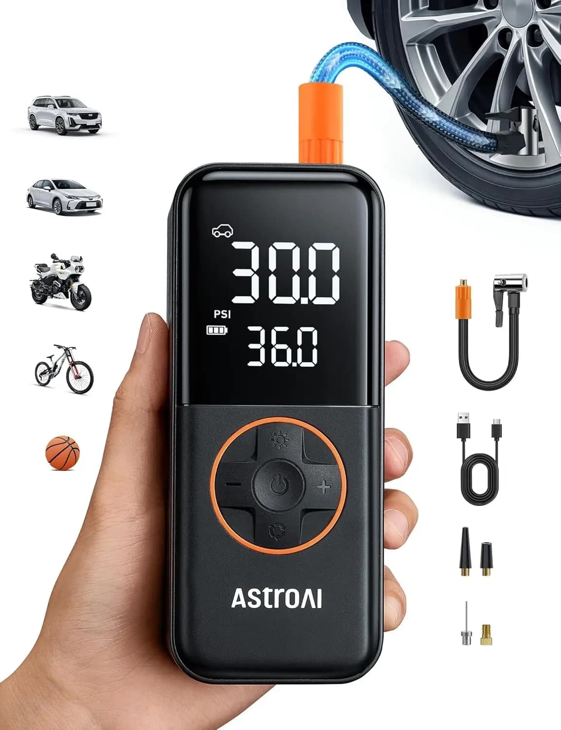 Compressore d'Aria Portatile 150PSI con Manometro e Luce LED per Pneumatici Auto, Moto, Biciclette Gonfiaggio Rapido