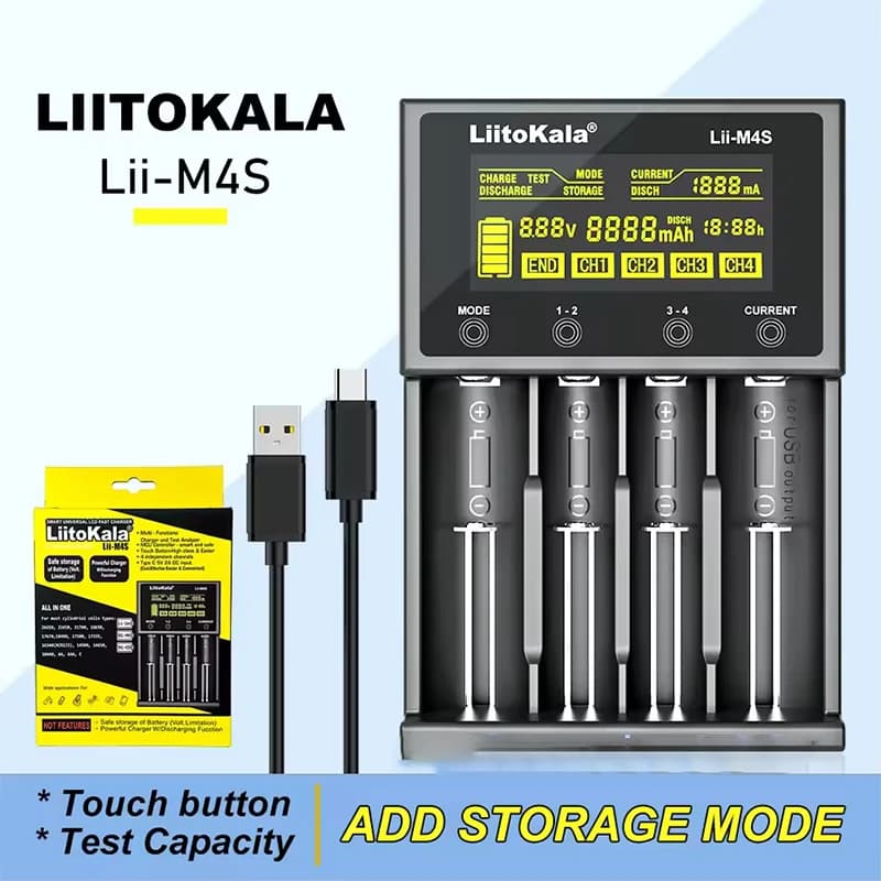LiitoKala Lii-M4 M4S 18650 Display LCD Capacità di test del caricabatterie intelligente adatta per 3.7V 26650 18350 21700 18500 1.2V AA AAA 4 slot