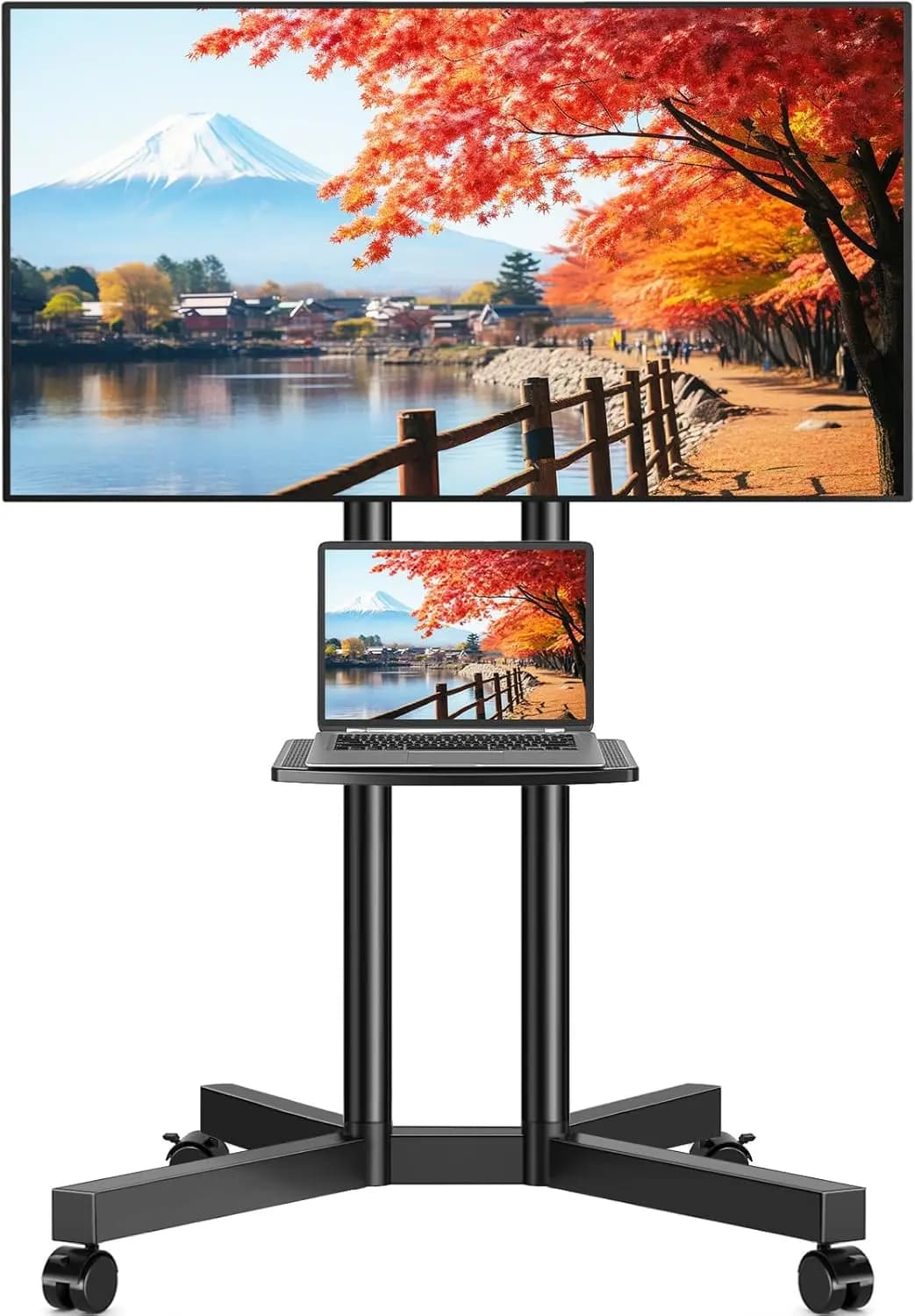 Supporto TV Regolabile su Ruote con Ripiano per Laptop, Carrello Mobile per TV da 32-75 Pollici fino a 40 kg