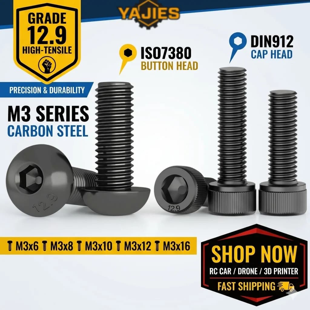12.9 Carbon Steel Hex Socket Cap Button Head Screw DIN912 ISO7380 M3 M3x6 M3x8 M3x10 M3x12 Bolt For RC Car Drone DIY 3D Printer