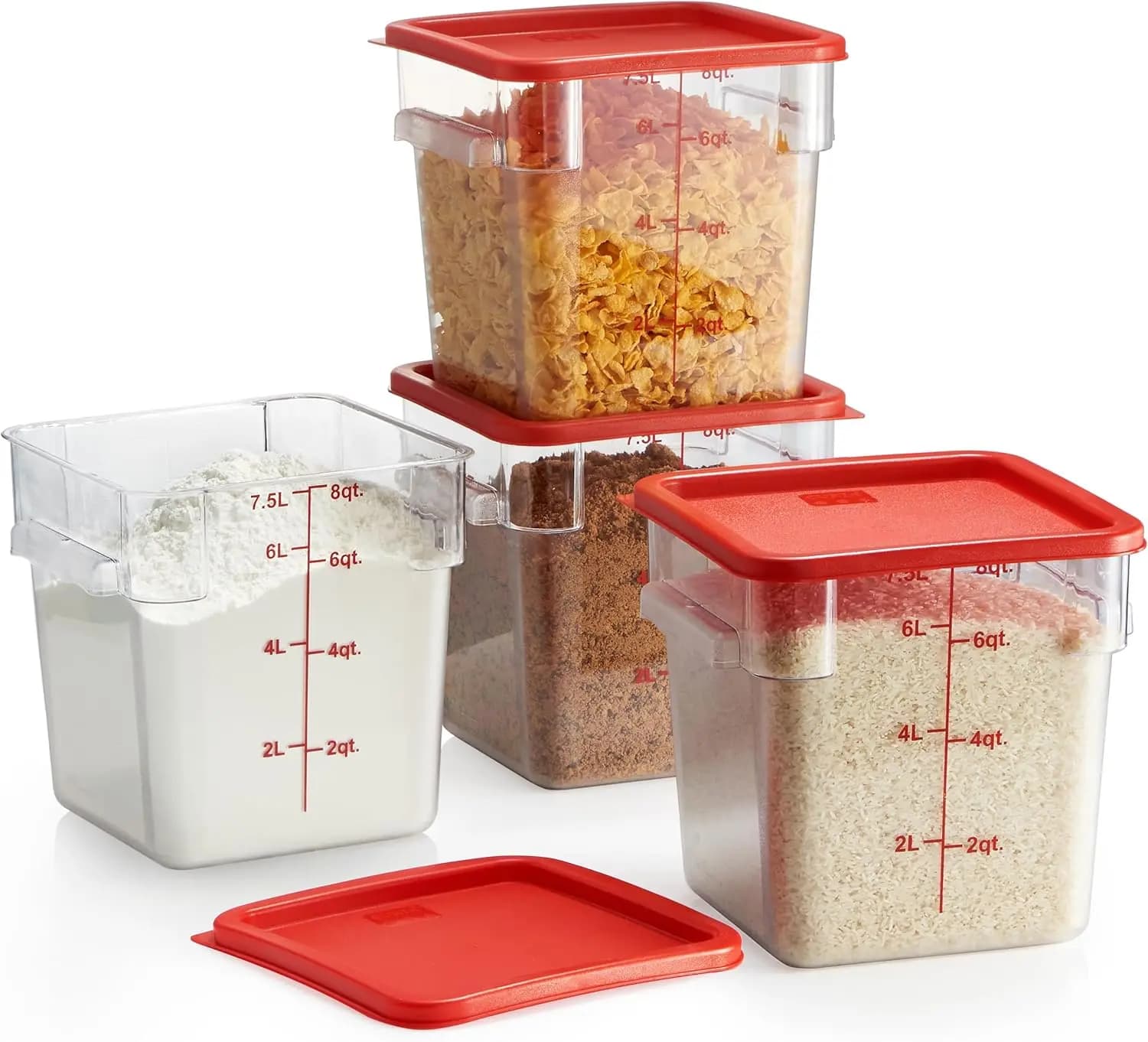 Set di 4 Contenitori Quadrati Trasparenti per Alimenti con Coperchi Rossi, Certificati NSF, Grado Commerciale, 8.0 Qt in Policarbonato