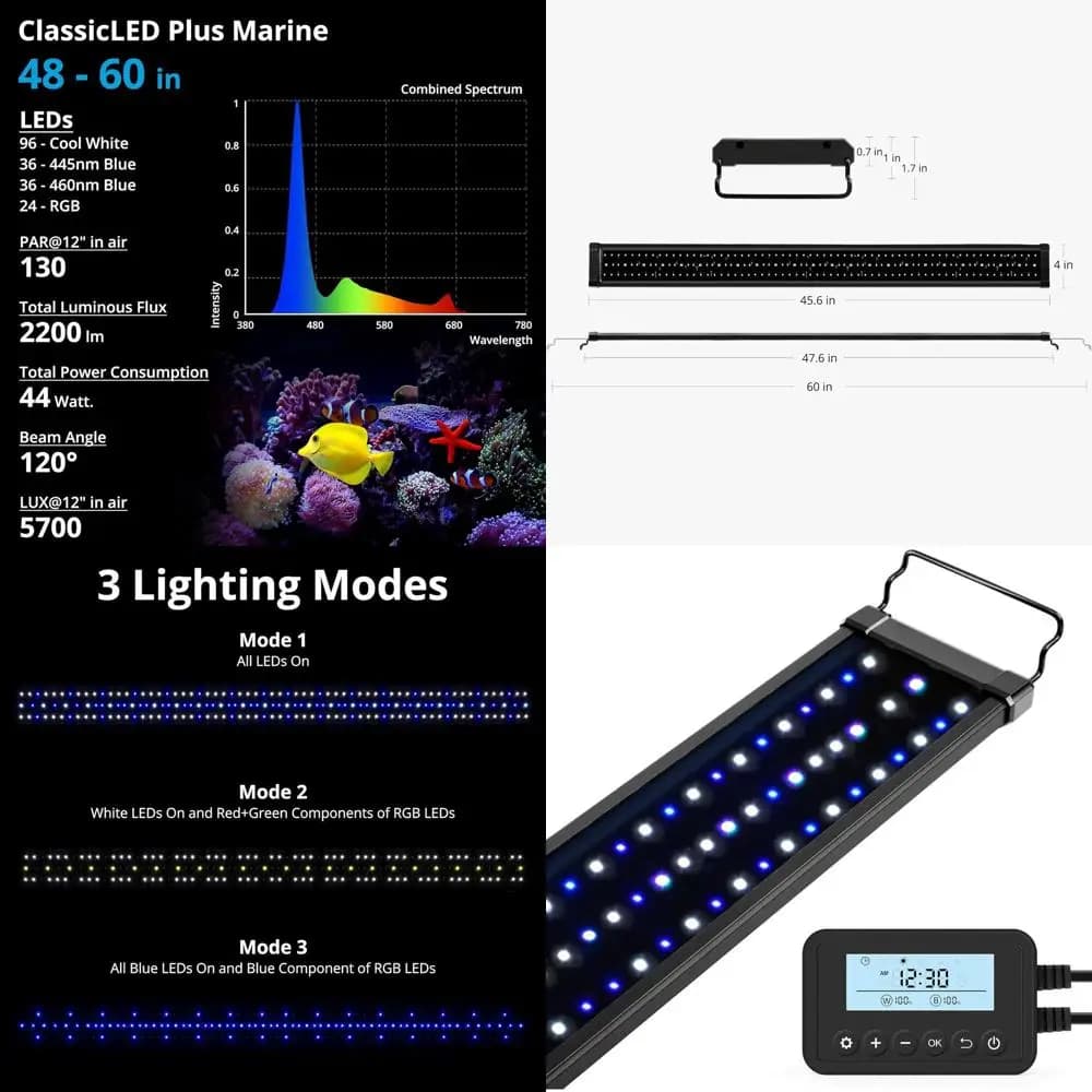 Lampada LED per Acquario 48W per Acqua Salata, Coralli e Vita Marina con Timer Programmabile, Adatta per Vasche da 48-60 Pollici