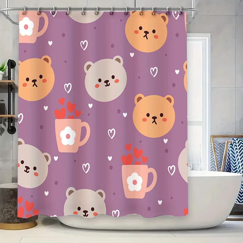 Adorabile tazza da orso con tenda da doccia con motivo a cuore, rosa, viola, bianco, decorazione per il bagno, set di tappetini da bagno impermeabili per la decorazione domestica