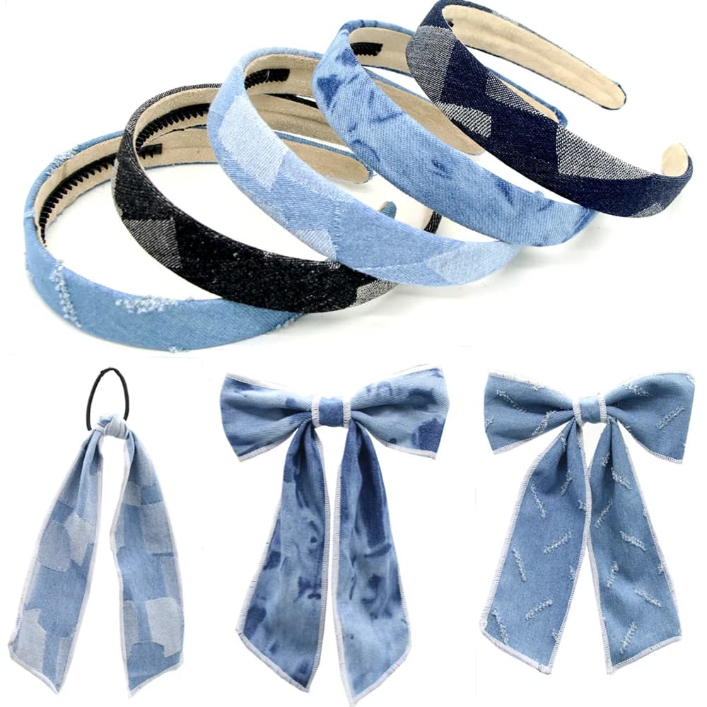 Fasce piatte in Denim Cool per ragazze, fermagli per capelli jeans casual antiscivolo regolabili accessori per capelli scruchy pony per Ki