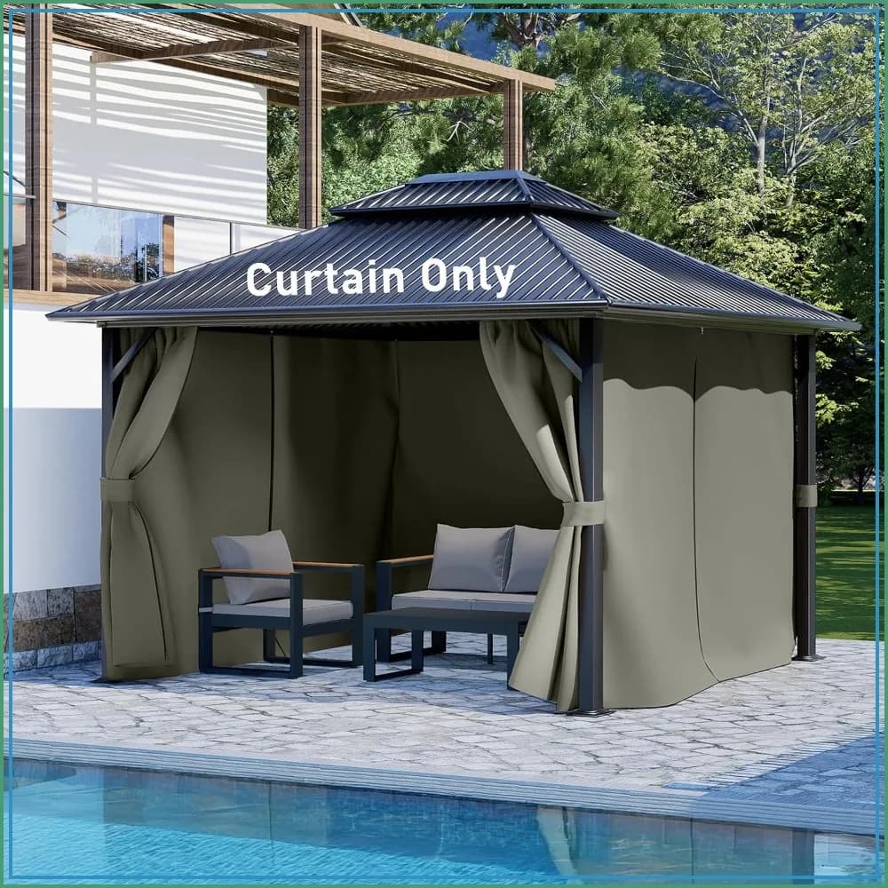 10x12 ft Outdoor Gazebo Curtains, 4 Panels Waterproof Privacy Sidewall Replacement with Zipper for Patio Pergola Canopy