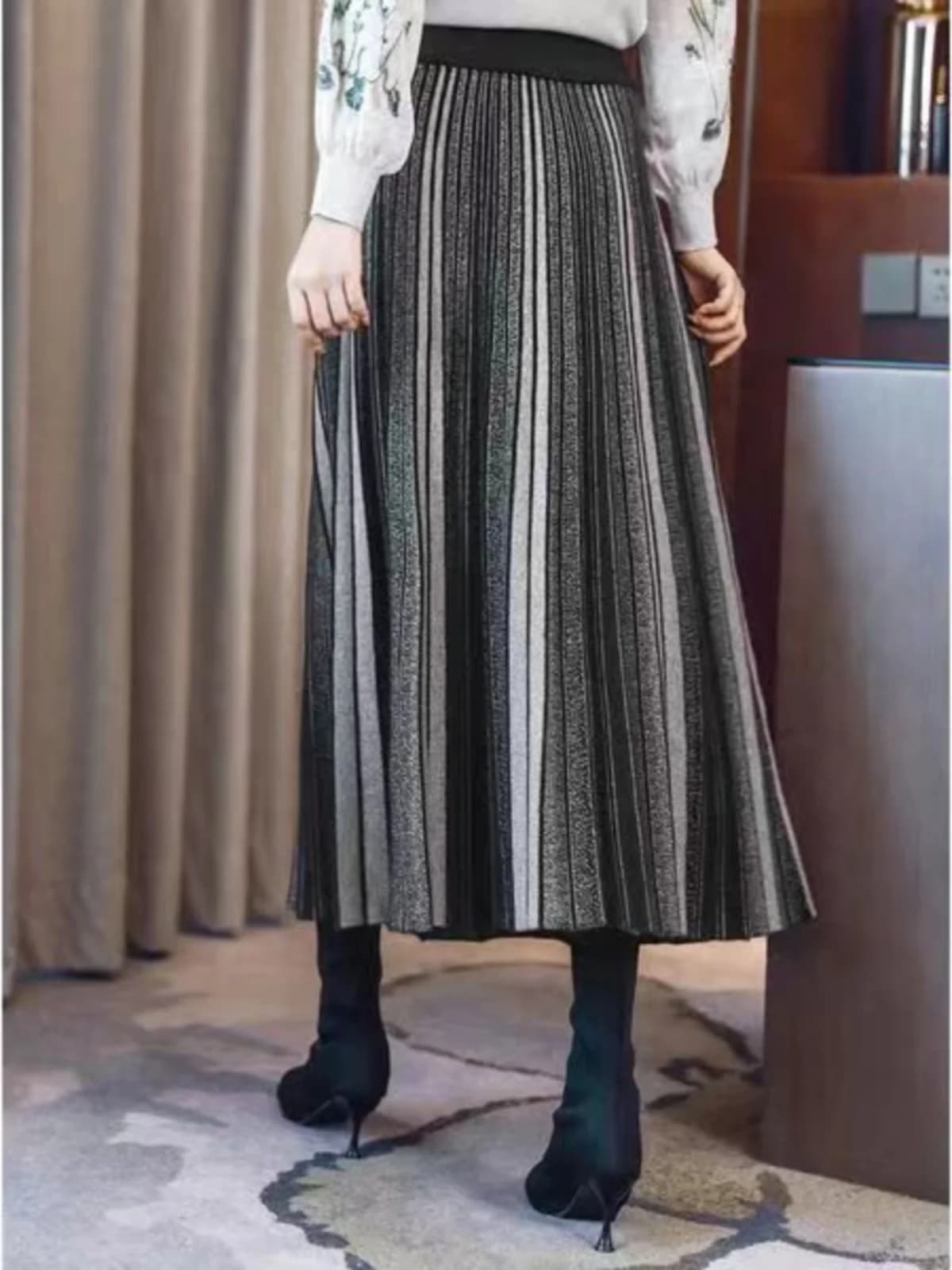 Gonna a pieghe in maglia a vita alta alla moda, nuovo stile autunno inverno da donna, gonna midi a trapezio che copre la pancia, ampia e fluida
