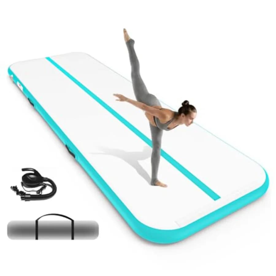 Inflatable gymnastic mat for home use, outdoor yoga, cheerleading and studio; PVC material; blue color; 4 inch thickness included.