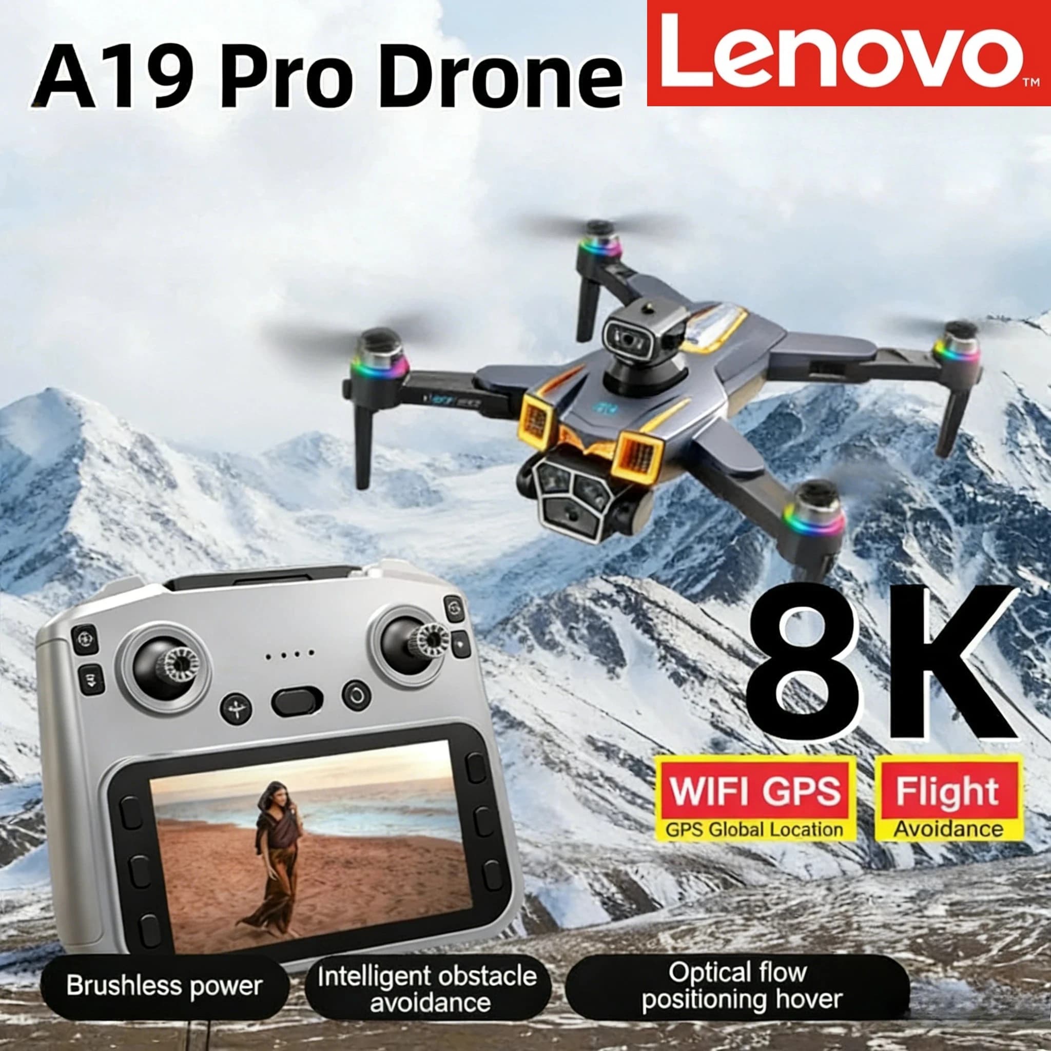 Drone Lenovo A19 PRO 8K per Fotografia Aerea Professionale, Fotocamera HD, WIFI 5G FPV, Motore Brushless, GPS, Quadricottero Pieghevole