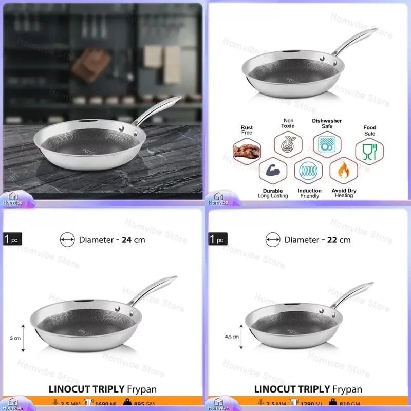 Premium 22cm Stainless Steel Frying Pan with Triple-Layer Non-Stick Coating Heavy Duty Kitchen Cookware for Induction