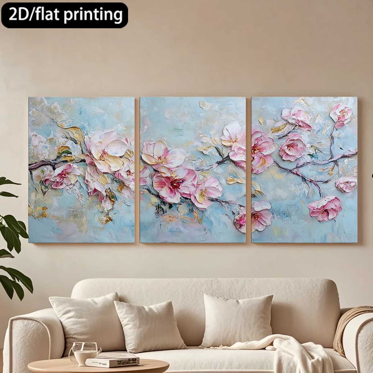 Decorative painting on canvas with wooden frame, 3 pieces. Hand painted oil, pink flower branches. Tende per camera da letto ikea.