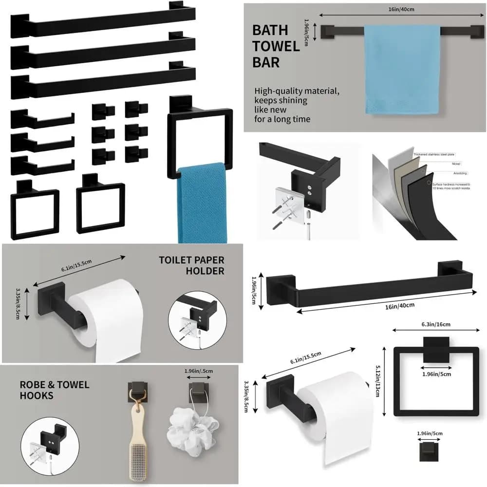 Set di accessori da bagno nero opaco: portasciugamani in acciaio inossidabile da 15 pezzi e collezione di hardware per l'arredamento del bagno moderno