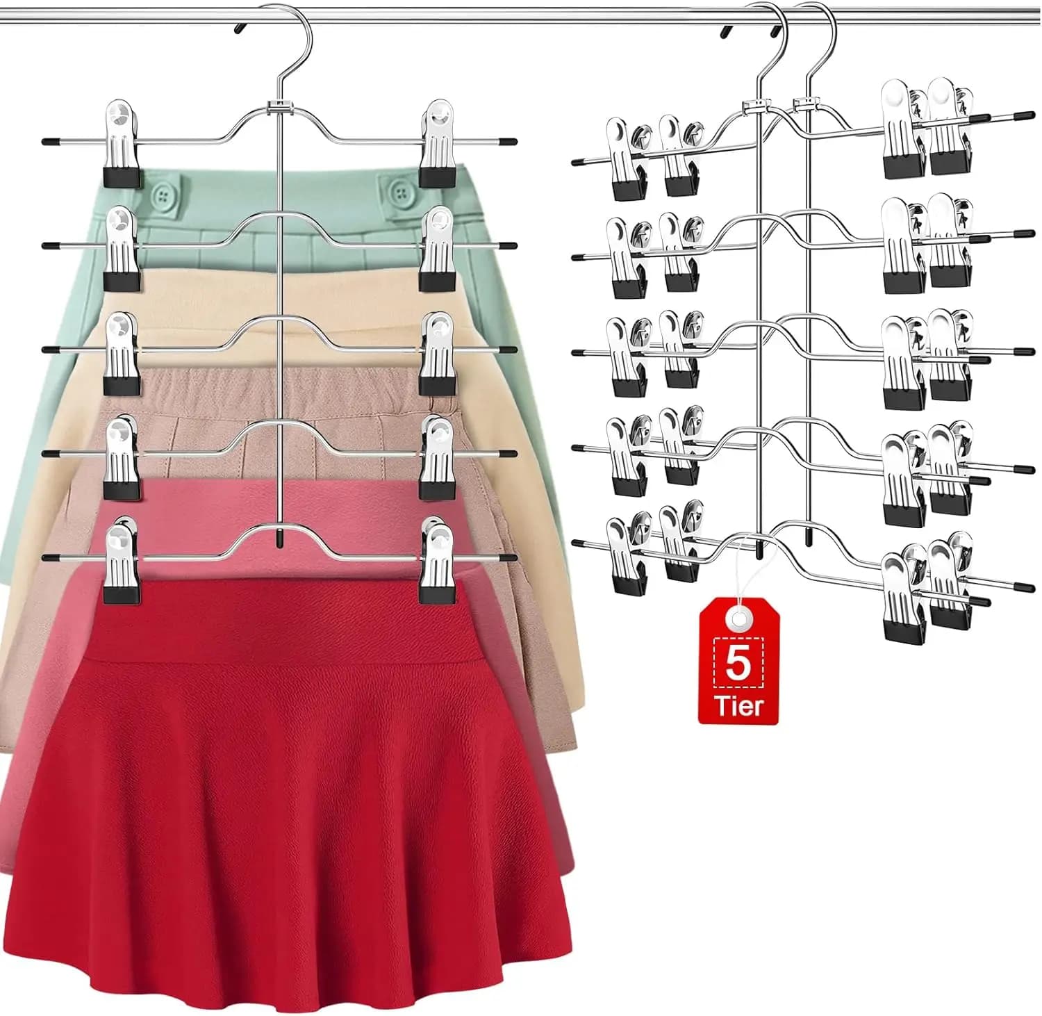 Appendiabiti Salvaspazio a 5 Livelli con Clip, Confezione da 2 - Ganci Girevoli, Clip Antiscivolo per Pantaloni, Sciarpe, Organizzatore per Armadio