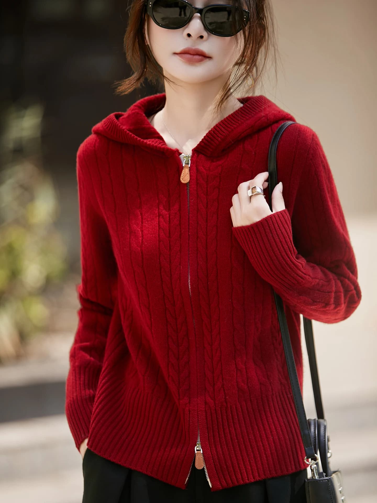 100% Merino Wool Women's Fashion Seven Needle Cable Knit Hooded Long Sleeve Zip Cardigan Autumn Winter Warm Comfortable Clothing