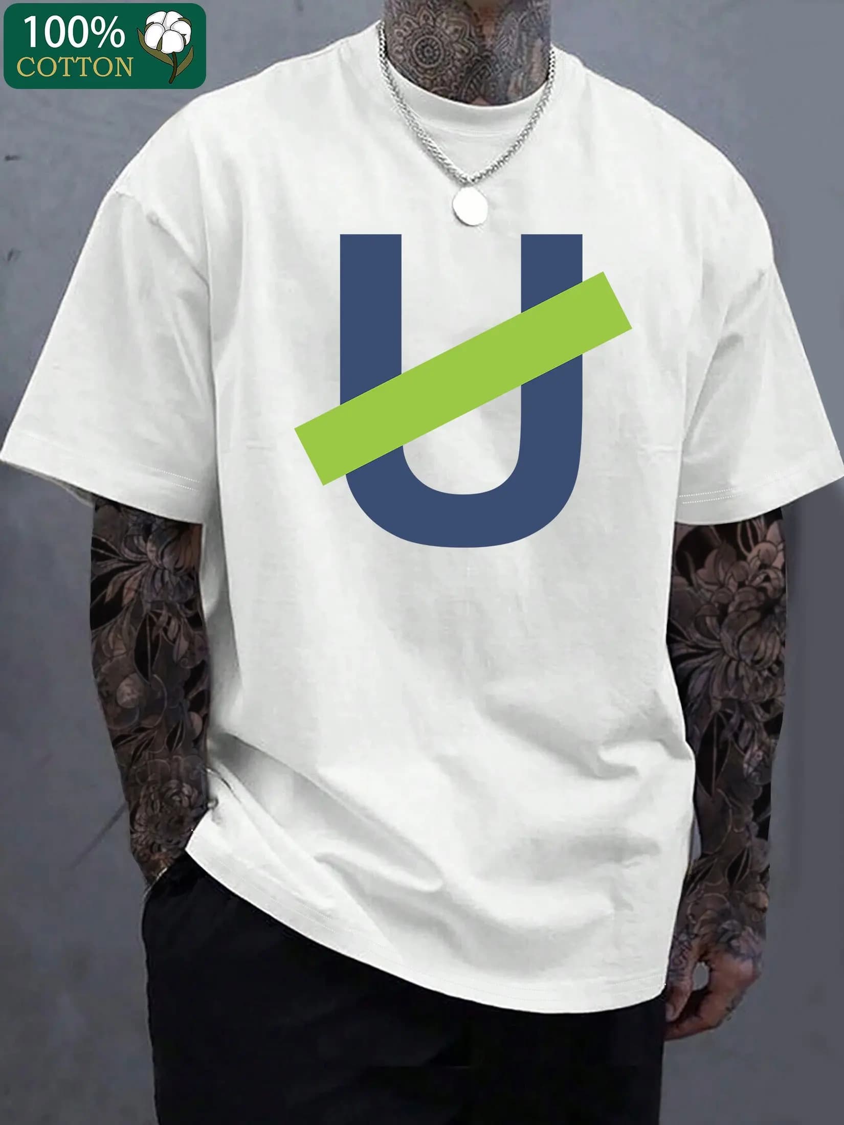 T-shirt casual da uomo girocollo Tessuto lavorato a maglia 100% cotone manica corta stampata sul davanti adatta per l'uso quotidiano e nel fine settimana