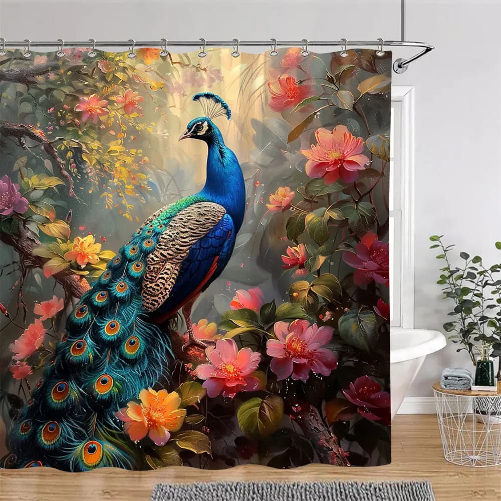 Tenda da Doccia con Motivo Pavone, Foglie di Palma Tropicali, Arte Botanica e Fauna Selvatica in Acquerello, Set Decorativo per Bagno