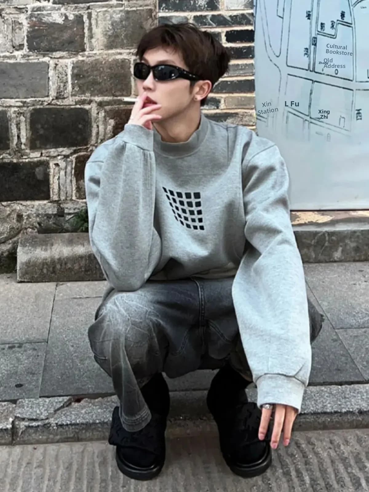 Heavyweight Grey Shoulder Padded Hoodie Men's Half High Collar Small Square American Retro High-End Feelings Oversize Jacket