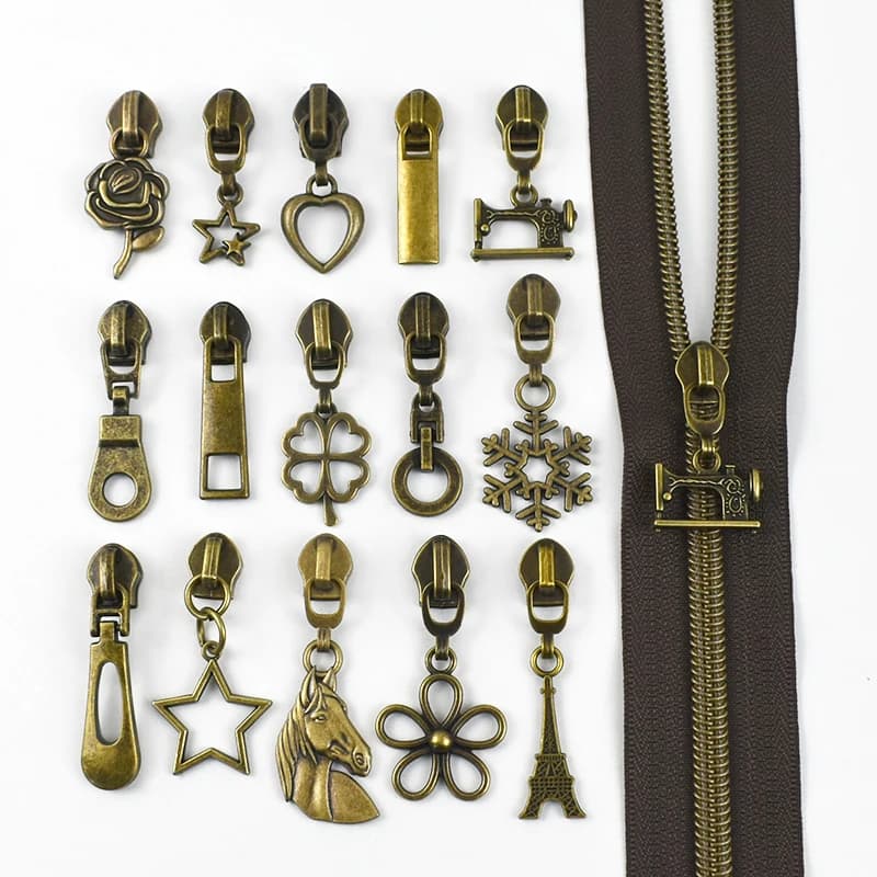 10/30 pezzi 5 # Cursori per cerniere in bronzo per cerniere in nylon Estrattore per testa con cerniera Borsa per vestiti Kit di riparazione per bagagli Accessori per cucito fai-da-te