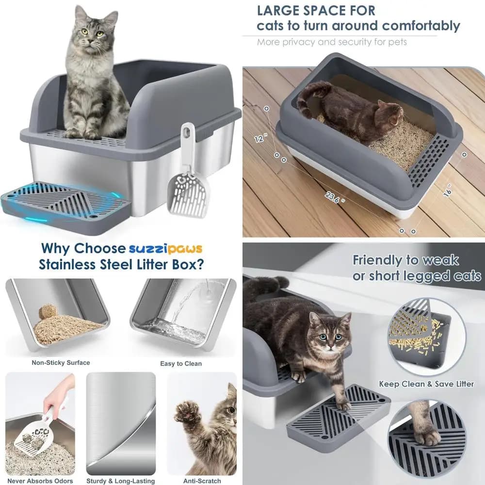 Lettiera per Gatti Extra Large in Metallo con Pareti Alte e Coperchio, Antiaderente, Impermeabile, Grigia