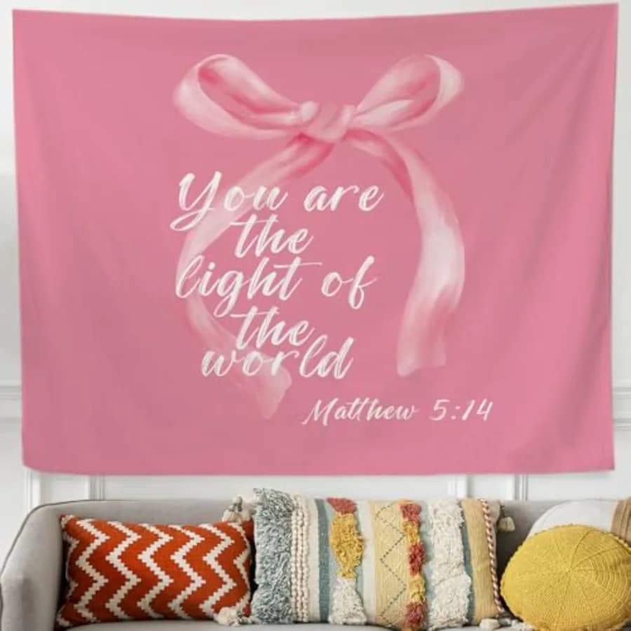 Coquette Pink Bows Tapestry for Bedroom, Verse Wall Decor Christian Tapestry Wall Hanging, Pink Christian Gifts for Women, Be T