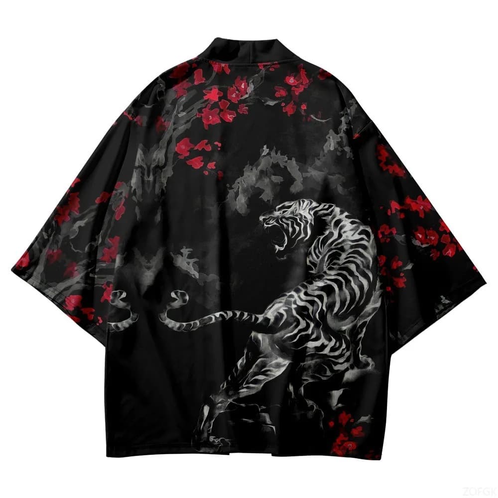 Black Kimono with open collar for men and women, Japanese Obi, Yukata Boy Haori, jacket with tiger pattern anime
