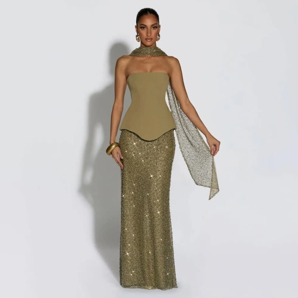 Olive Green Evening Dress Woman with Scarf Strapless Floor Length Mermaid Prom Gown Sparkling Glitter Party Dress Customized