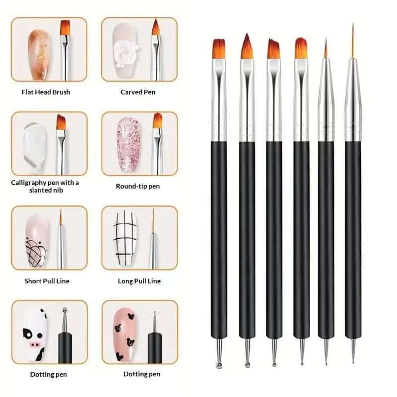 Set di 6 strumenti per nail art a doppia punta, pennelli per decorazioni unghie, pennelli per gel, liner per nail art, penna per disegno unghie
