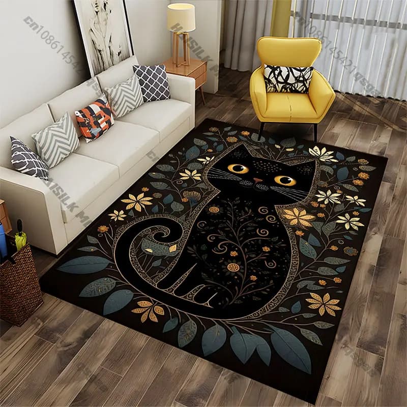 Elegante tappeto nero con disegno floreale di gatti, tappeto da yoga, decorazione per soggiorno, tappetino per bambini, tappetino per gattonare, tappetino per giochi