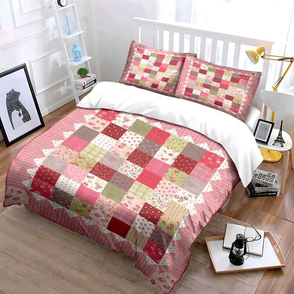 Sweet Pink Rose Patchwork Bedding Set 3PCS Cozy Floral Print Duvet Cover with Pillowcases Soft Pastel Quilt for Girls Bedroom