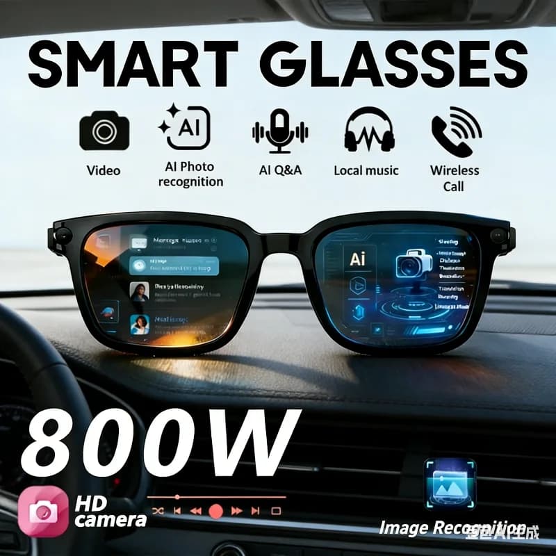 800W Smart AI HD Glasses with Bluetooth, HD Camera Waterproof for Photos and Videos, Voice Calls, AI Translation, Motorcycle Glasses