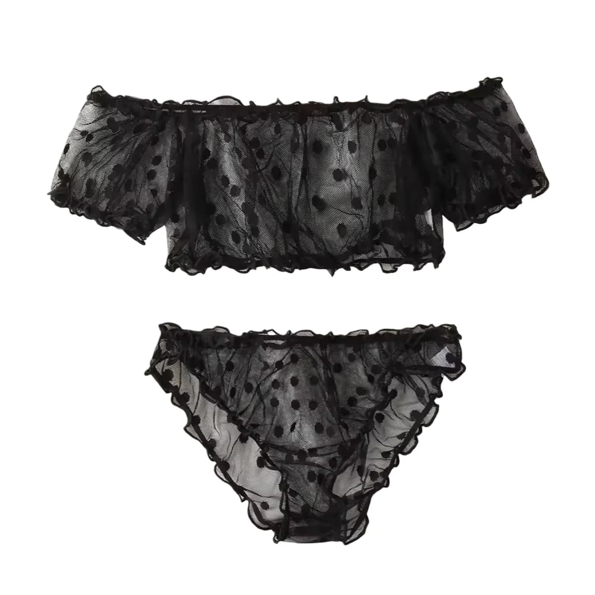 Set da notte a rete da donna HOT, 2 pezzi, trasparente, sexy e carino, con ricamo a pois, motivo in rete, bordo in pizzo con volant.