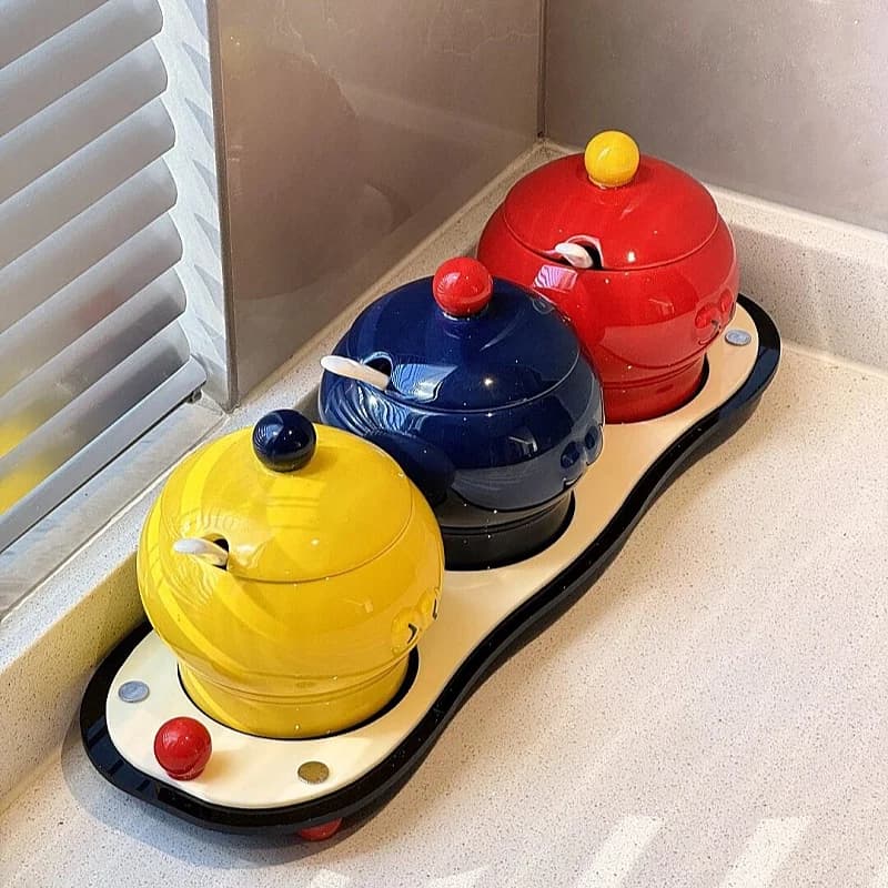 Set di Barattoli per Spezie in Ceramica Dopamine con Cucchiaio, Contenitori per Cucina Antimuffa Stile Nordico, Set da 3 Pezzi per Cucinare