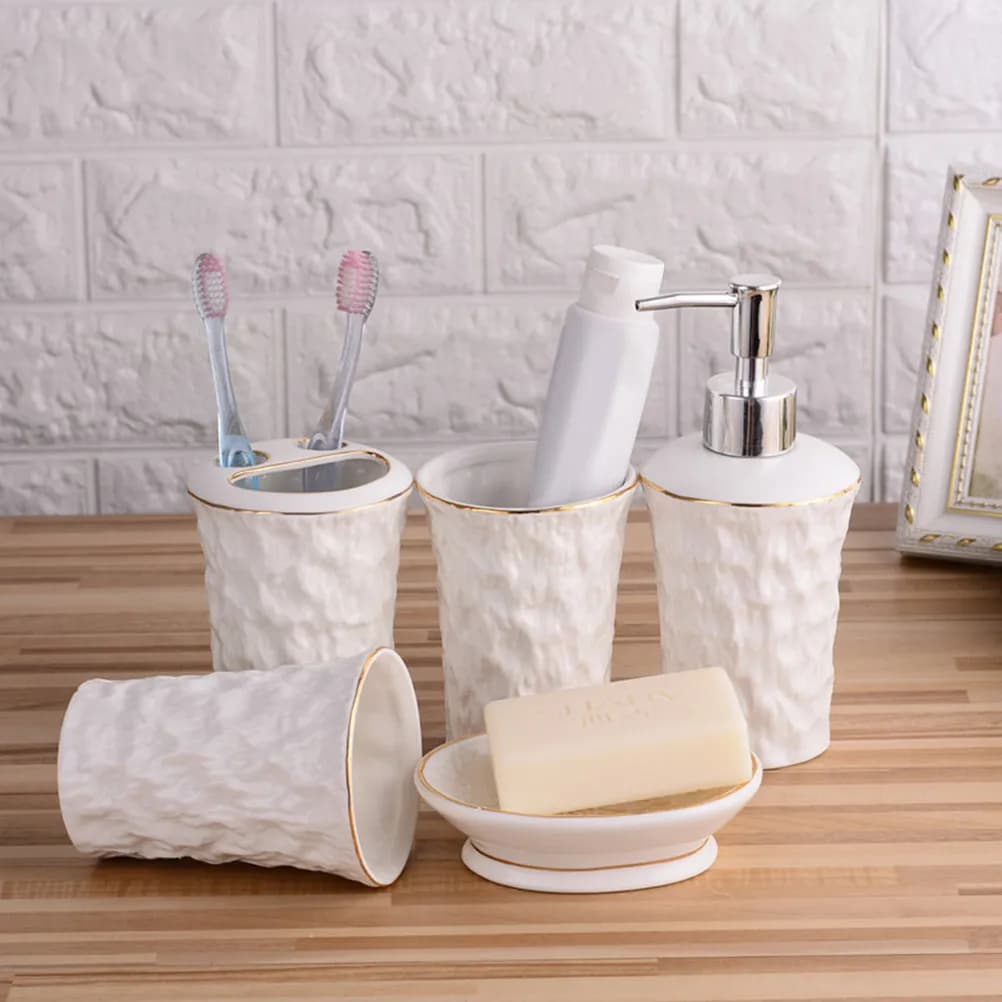 Set di Accessori per Bagno in Ceramica, Portaspazzolino, Portasapone, Dispenser di Sapone Ricaricabile, Bicchieri per Spazzolini, Salvaspazio ed Elegante