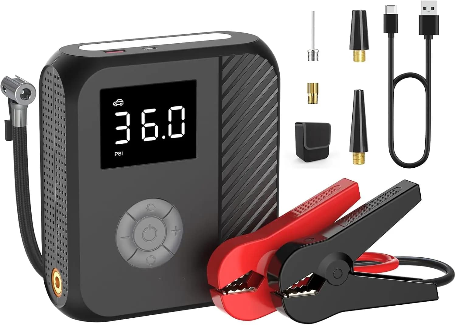 Avviatore di emergenza per auto con compressore d'aria, scatola di emergenza per batteria da 3000 A e gonfiatore per pneumatici da 160 PSI, display LCD, luci, gas da 8,5 litri/5,5 litri diesel