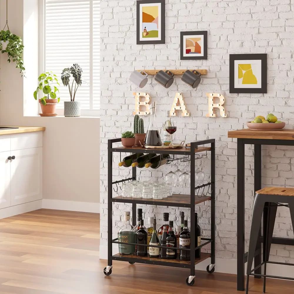 Carrello Bar, Carrello di Servizio per Casa, Carrello per Microonde, Carrello Portabevande, Scaffale Mobile da Cucina con Portabottiglie e Portabicchieri, Carrello Portabevande con Ruote