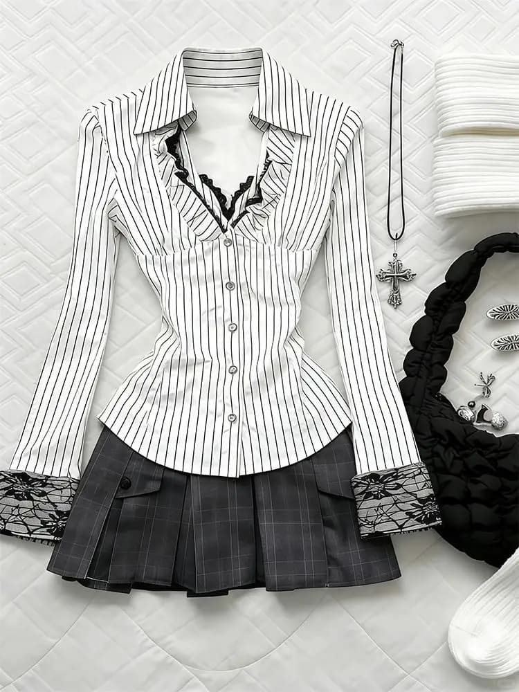 Basics Dresses Lace Stripe T-shirt+Short Skirt Goth 2-Piece Set Punk American Retro Summer Y2k 90s Harajuku Korea Slim Emo Dress