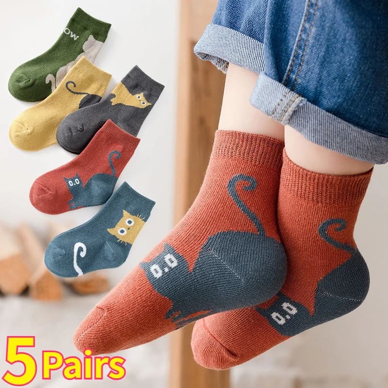 5 pairs of socks for kids model cat cartoon comfortable breathable socks for kids for boys and girls
